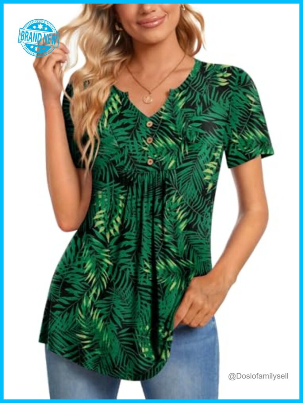 Womens Short Sleeve Tunic Top Henley V Neck Button Up Pleated Blouse